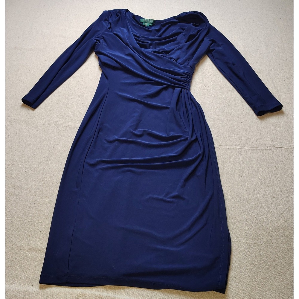 Lauren Ralph Lauren Navy Blue Faux Wrap Draped Jersey Sheath Dress Sz 8